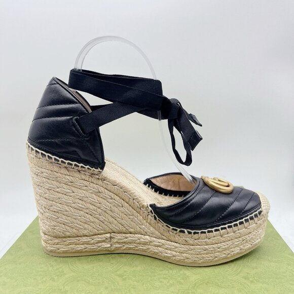 Gucci GG Marmont Platform MATELASSÉ Wedge Heels Espadrille Black Leather EU 35.5 - Picture 9 of 14